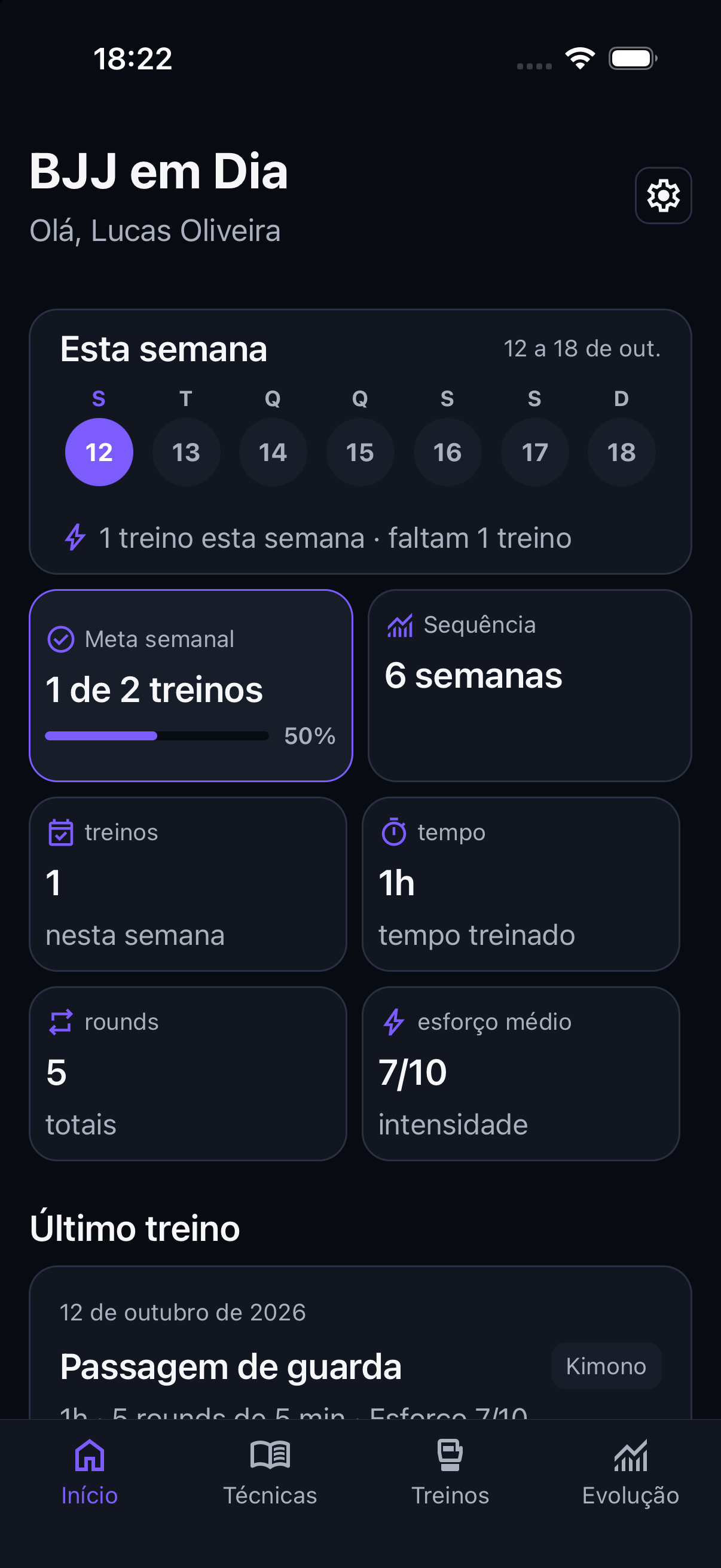 Tela inicial do BJJ em Dia com resumo da semana e último treino