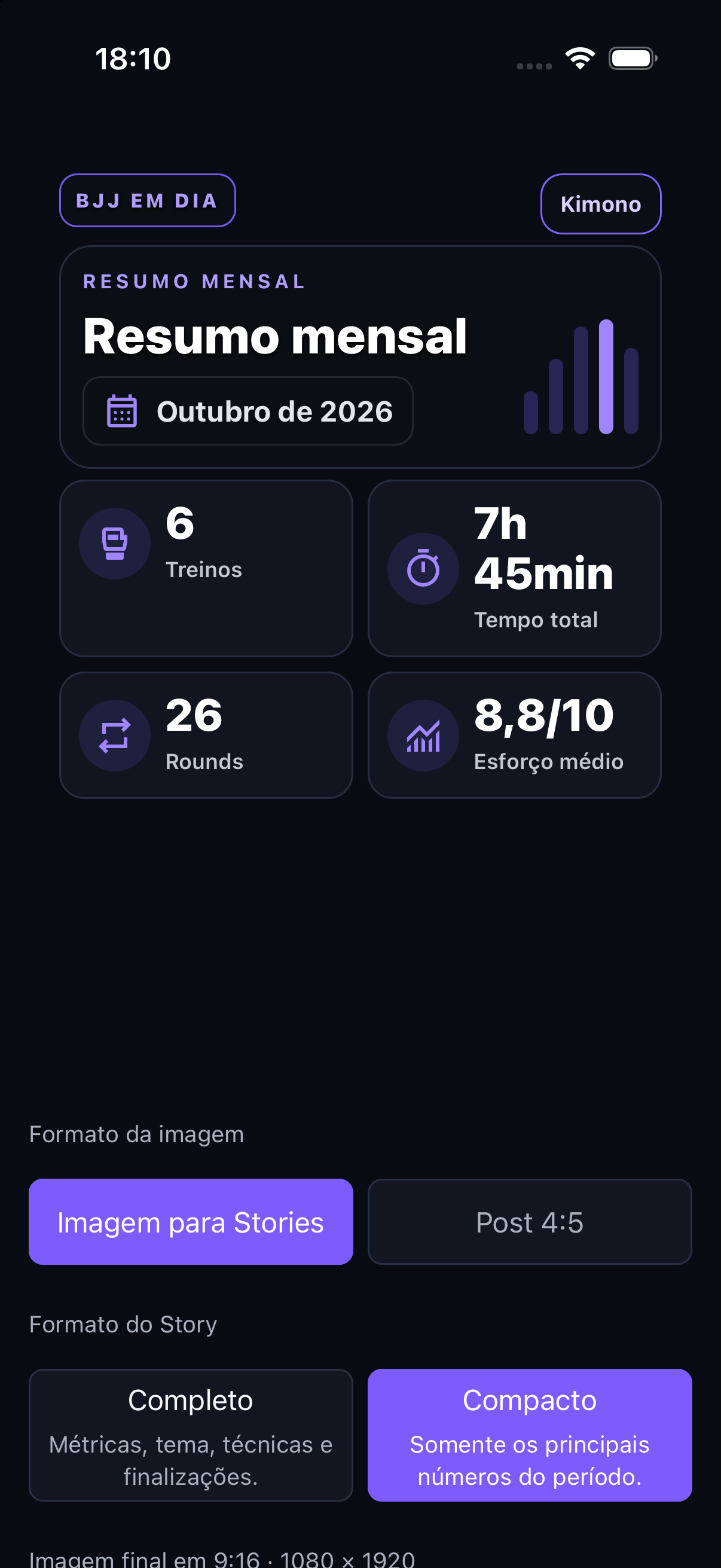 Prévia do resumo de evolução para compartilhar nos Stories