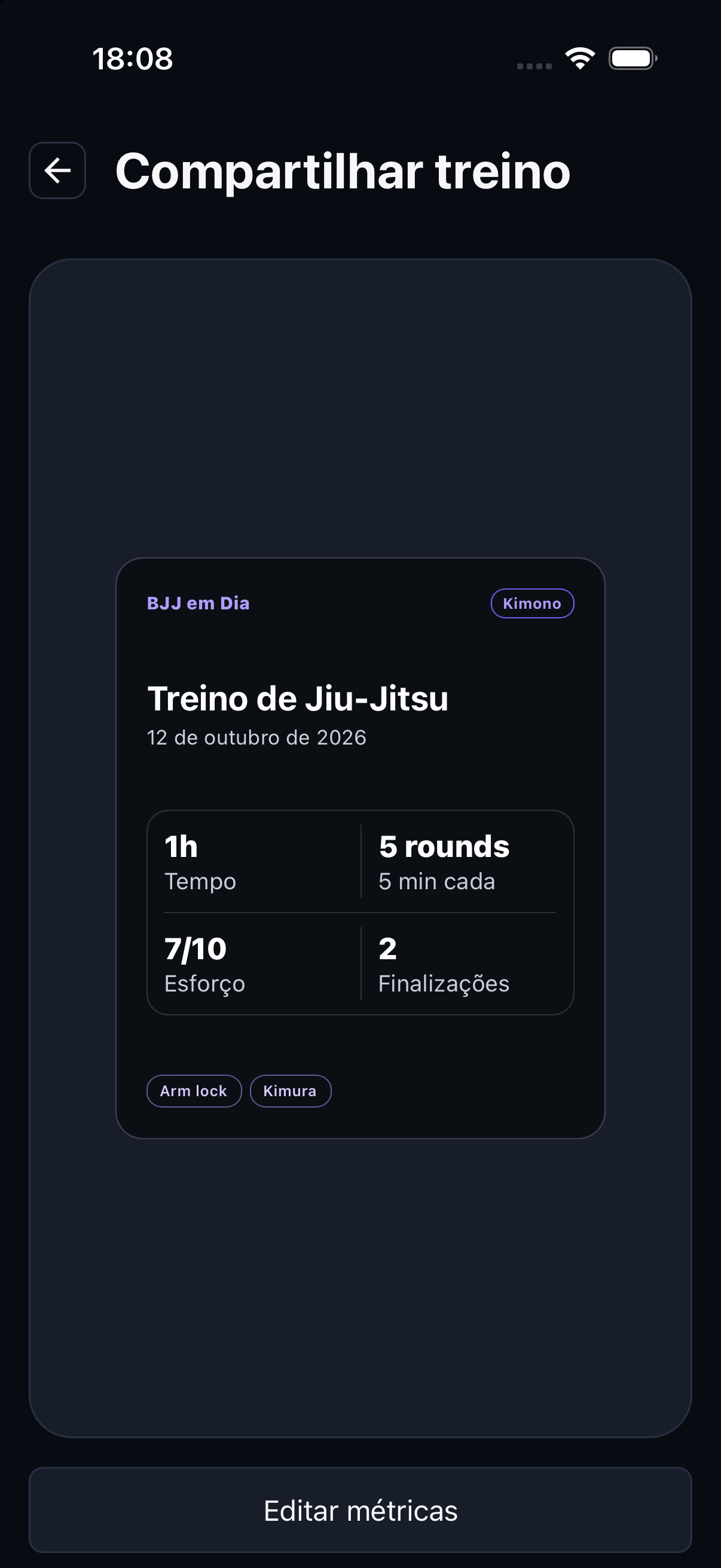 Prévia do card de treino para compartilhar nos Stories