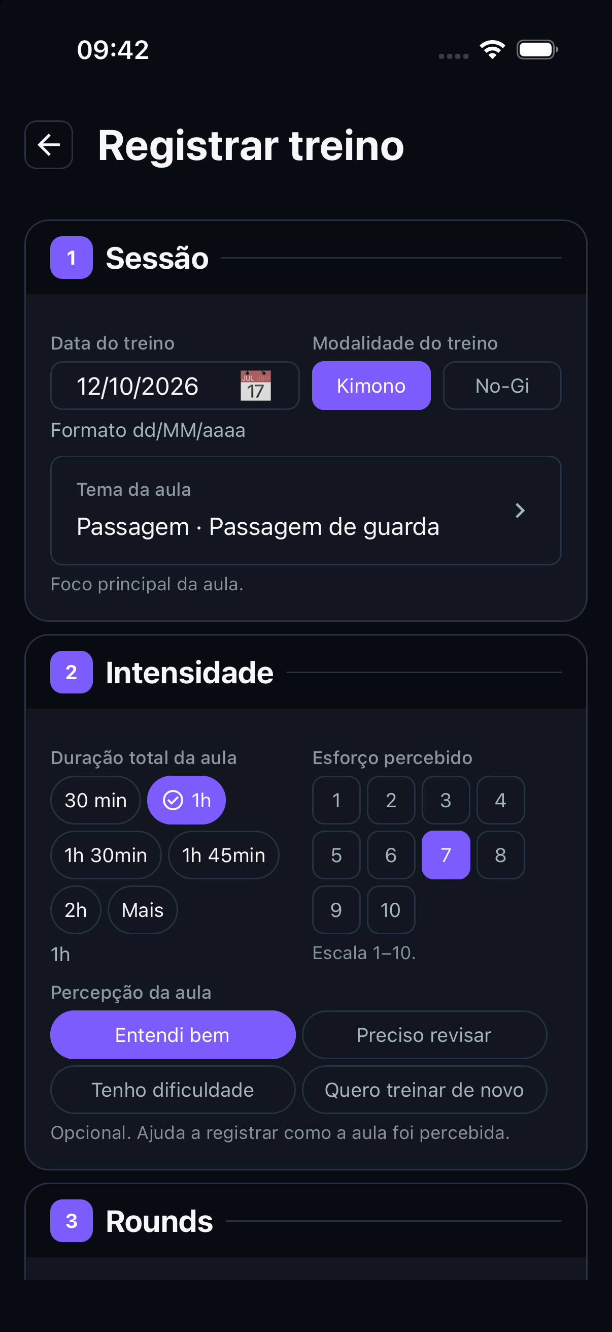 Registro de treino com rounds, intensidade e modalidades